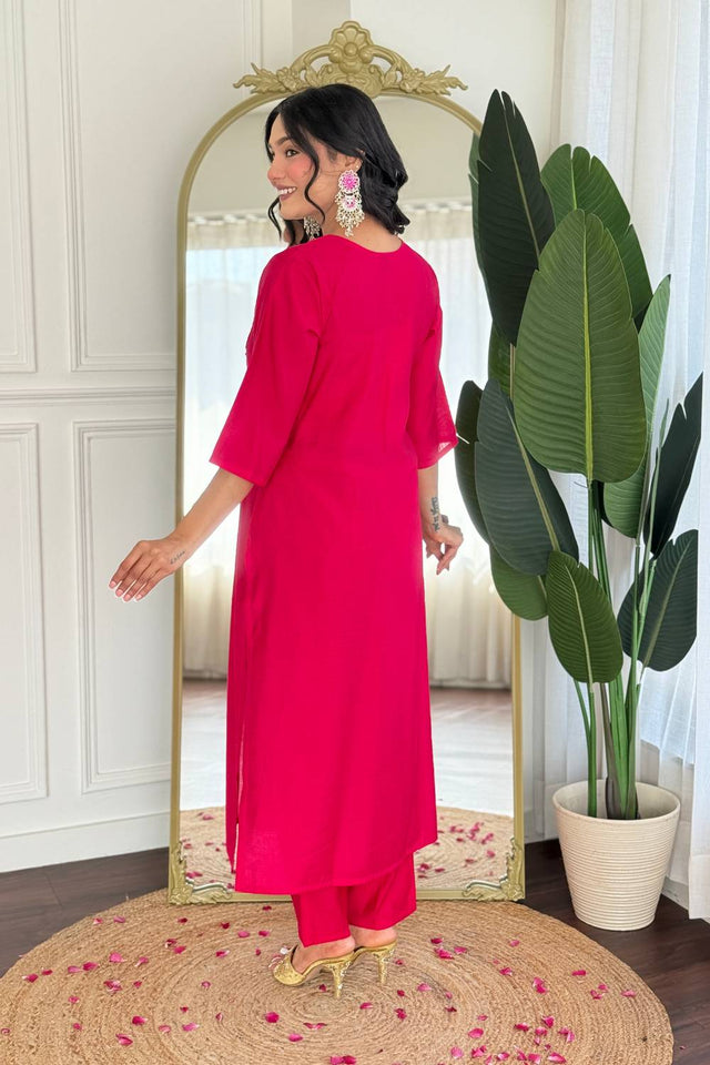 Pink Embroidered Viscose Kurti Pant Set