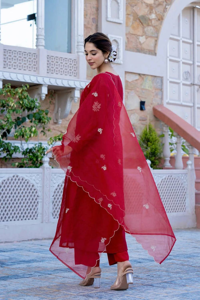 Red Embroidered Chanderi Anarkali Suit Set