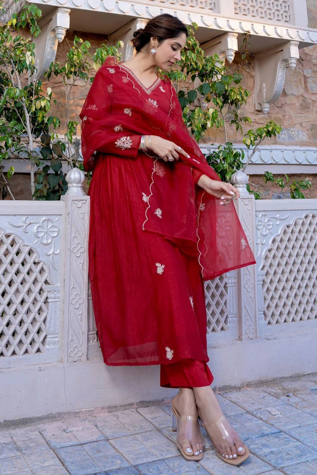 Red Embroidered Chanderi Anarkali Suit Set