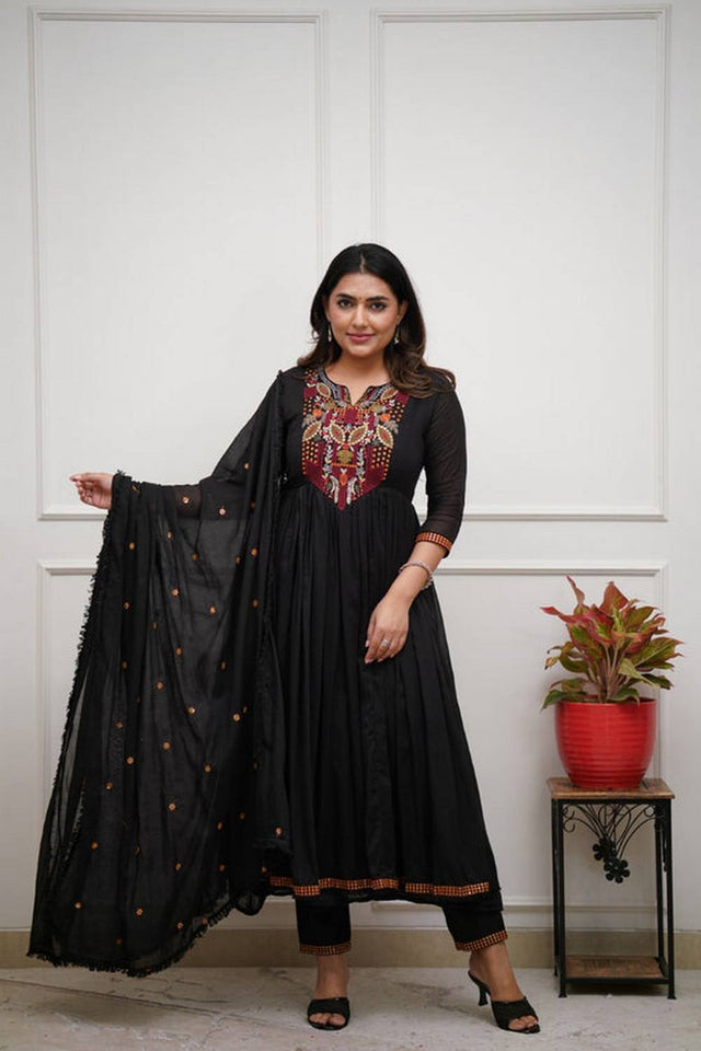 Black Embroidered Chanderi Anarkali Suit Set