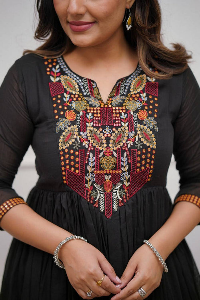 Black Embroidered Chanderi Anarkali Suit Set
