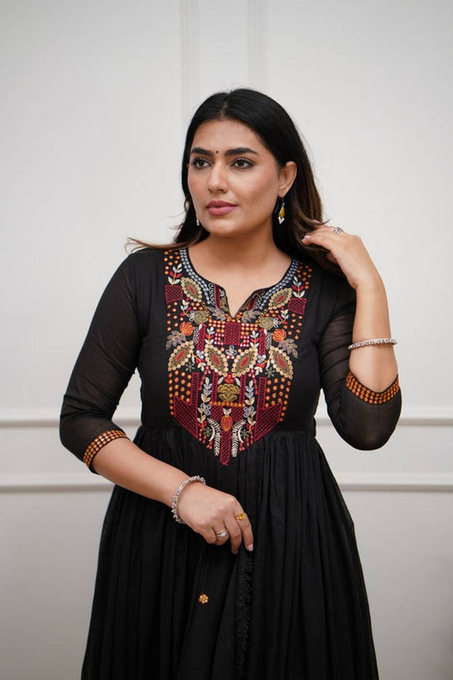 Black Embroidered Chanderi Anarkali Suit Set