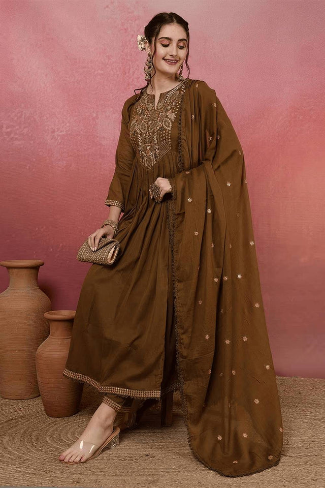 Mehendi Embroidered Chanderi Anarkali Suit Set