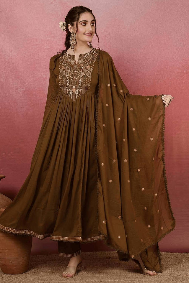 Mehendi Embroidered Chanderi Anarkali Suit Set