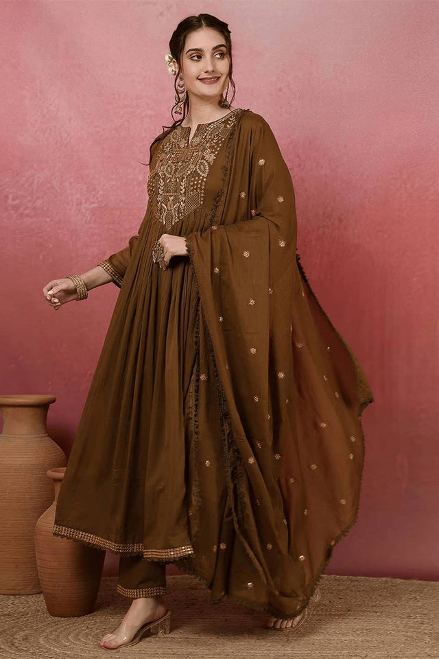 Mehendi Embroidered Chanderi Anarkali Suit Set