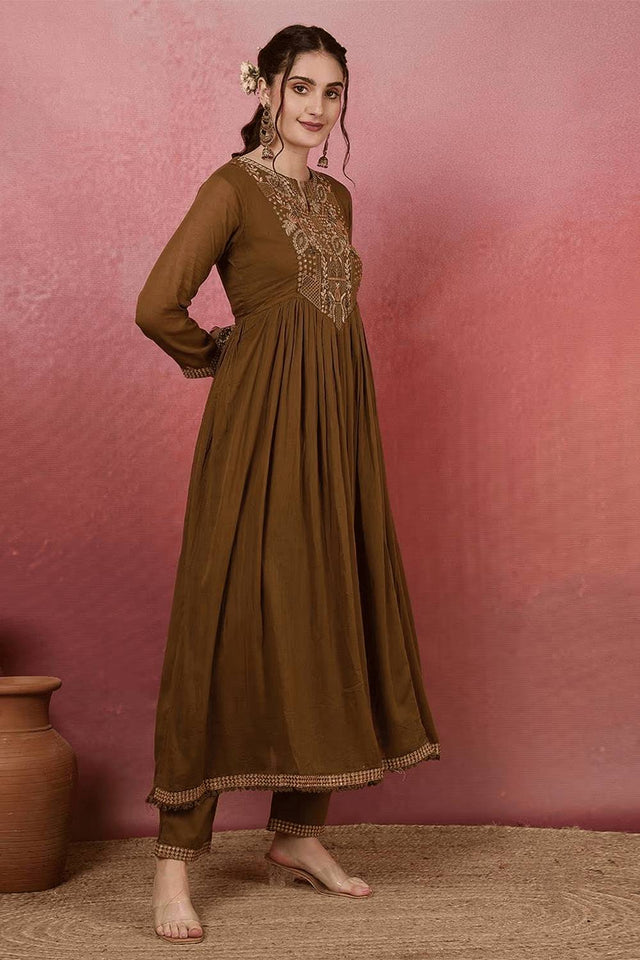 Mehendi Embroidered Chanderi Anarkali Suit Set