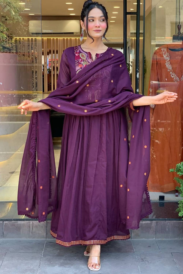 Wine Embroidered Chanderi Anarkali Suit Set