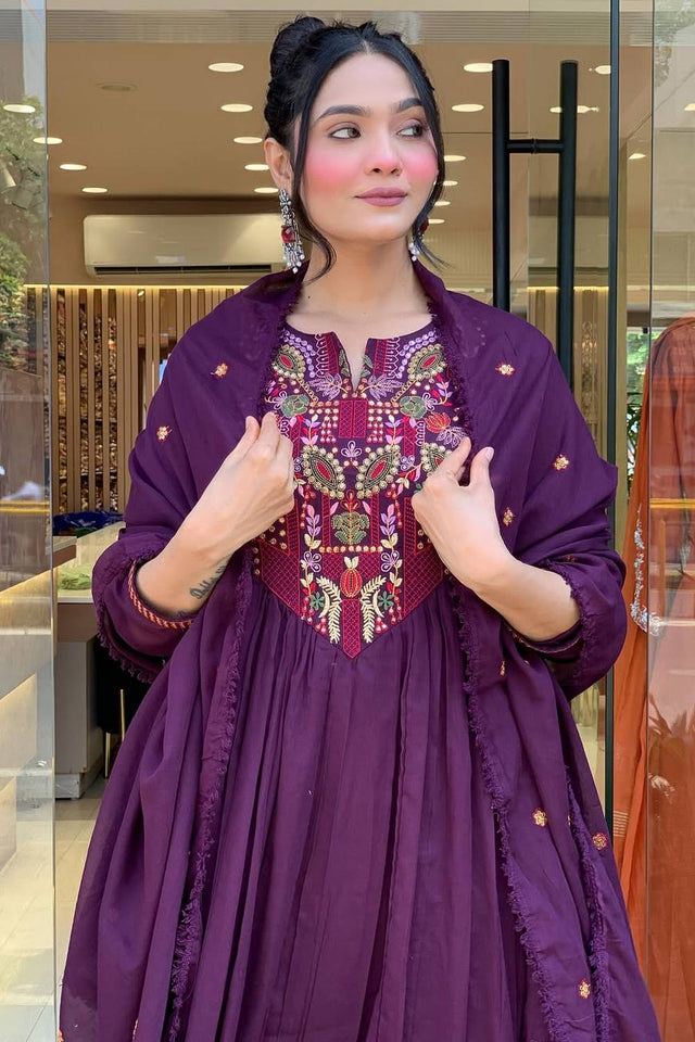 Wine Embroidered Chanderi Anarkali Suit Set