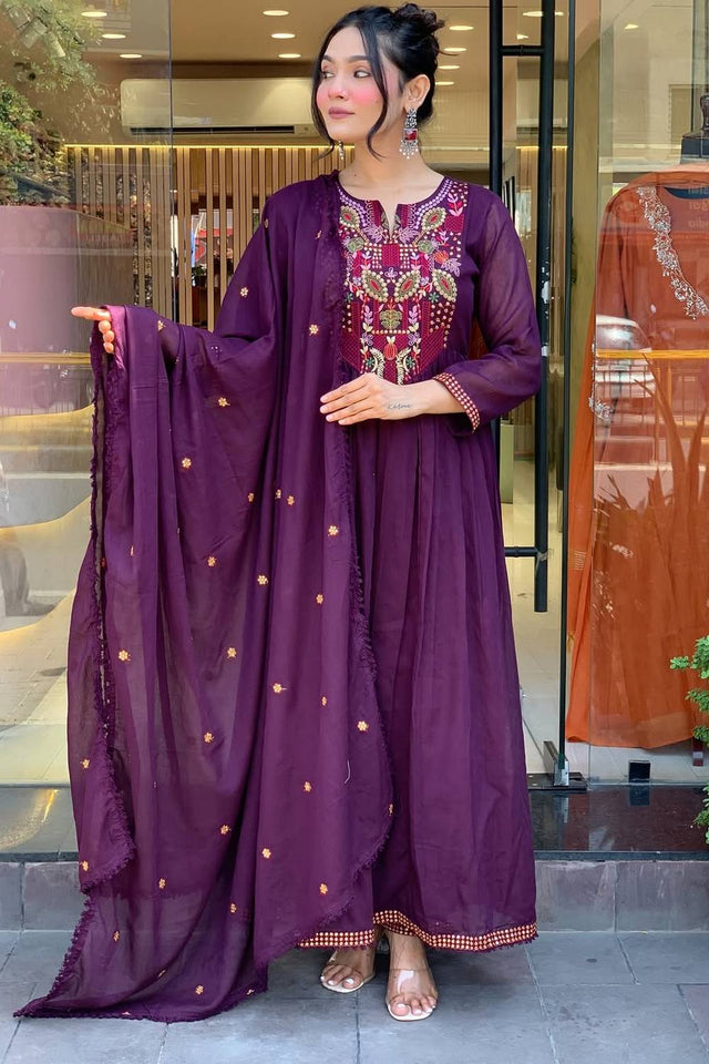 Wine Embroidered Chanderi Anarkali Suit Set