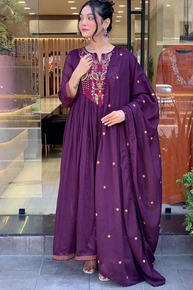 Wine Embroidered Chanderi Anarkali Suit Set