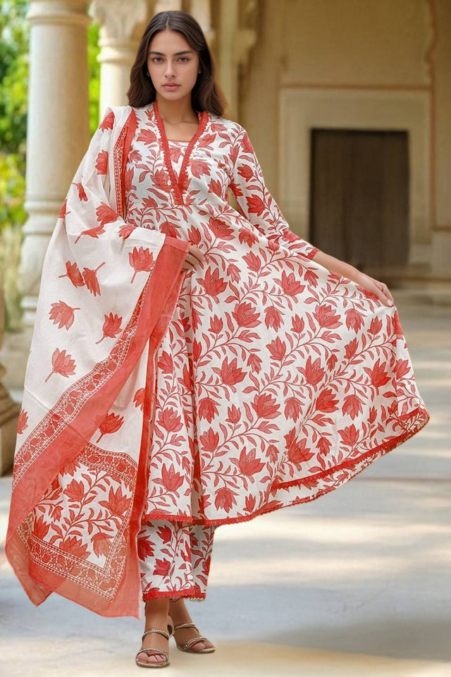 White Floral Printed Cotton Anarkali Suit Set