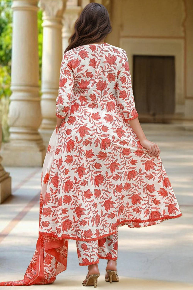 White Floral Printed Cotton Anarkali Suit Set