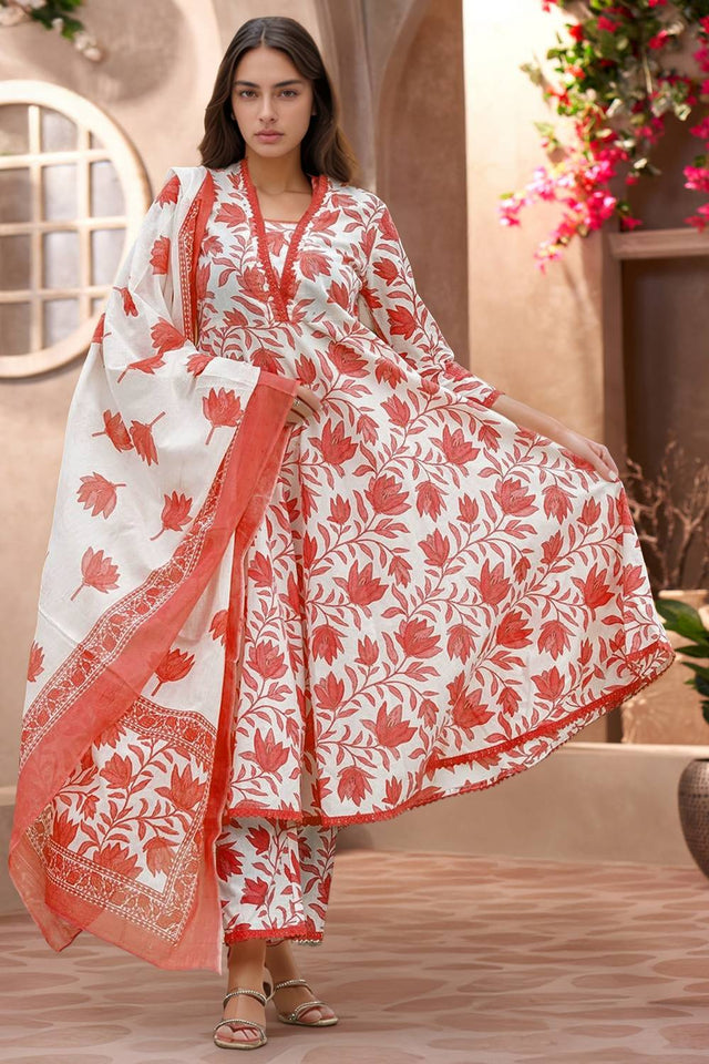 White Floral Printed Cotton Anarkali Suit Set