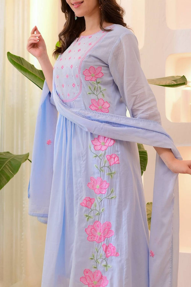 Lavender Floral Embroidered Silk Anarkali Suit Set