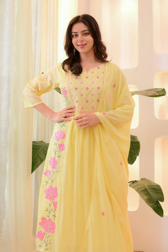 Yellow Floral Embroidered Silk Anarkali Suit Set