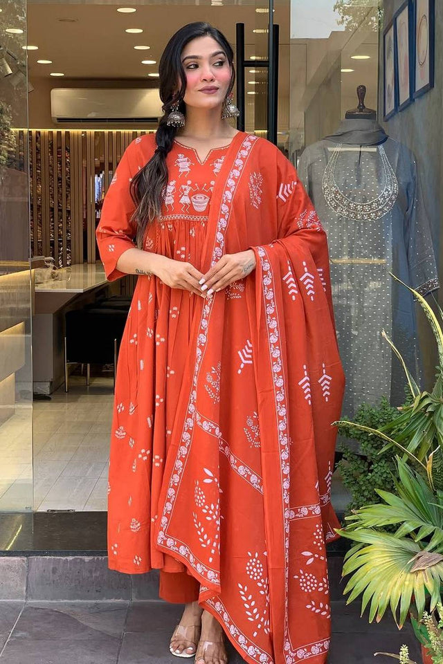 Orange Embroidered Cotton Anarkali Suit Set