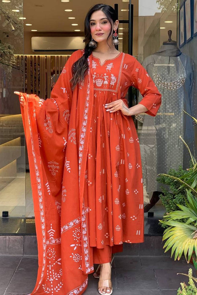 Orange Embroidered Cotton Anarkali Suit Set