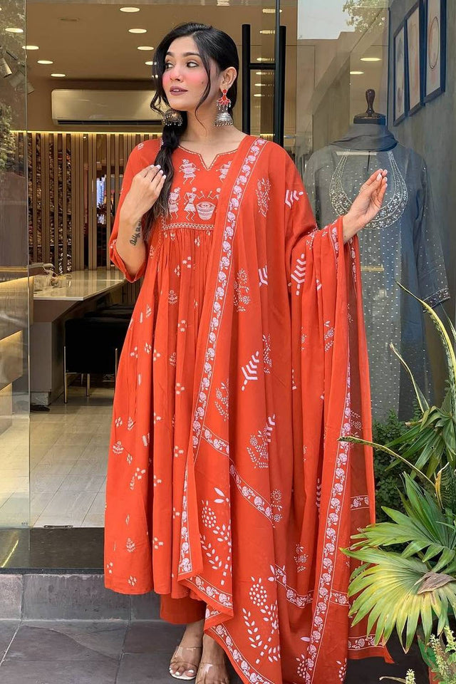 Orange Embroidered Cotton Anarkali Suit Set