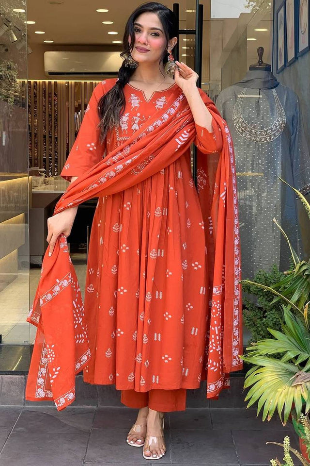 Orange Embroidered Cotton Anarkali Suit Set