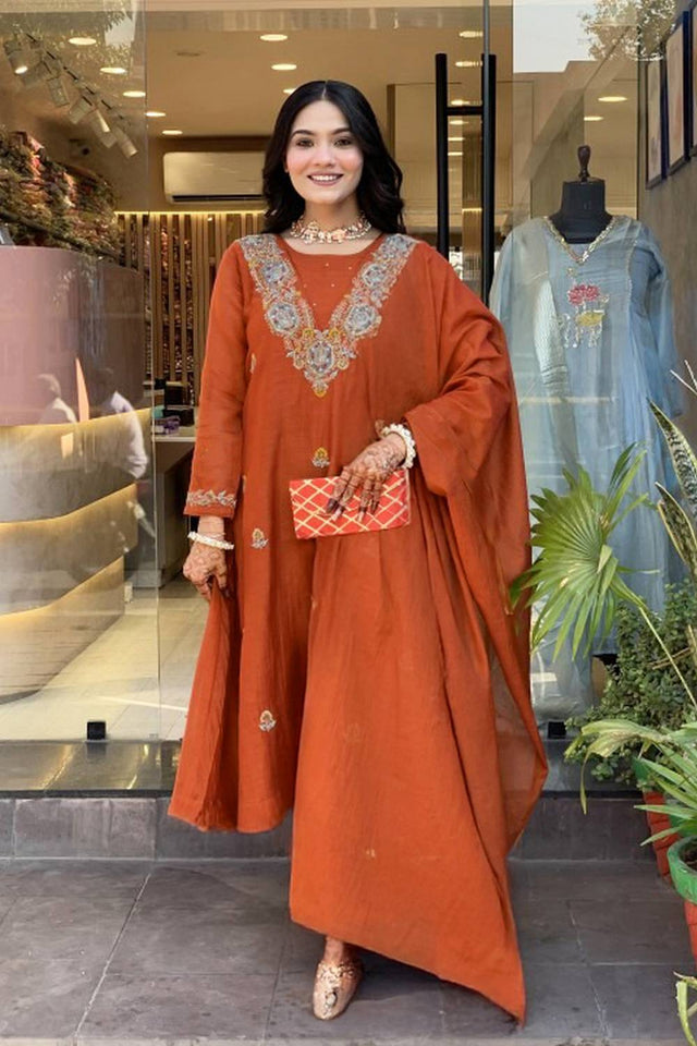 Orange Embroidered Silk Anarkali Suit Set