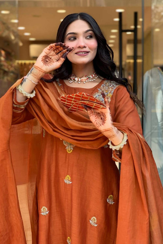 Orange Embroidered Silk Anarkali Suit Set