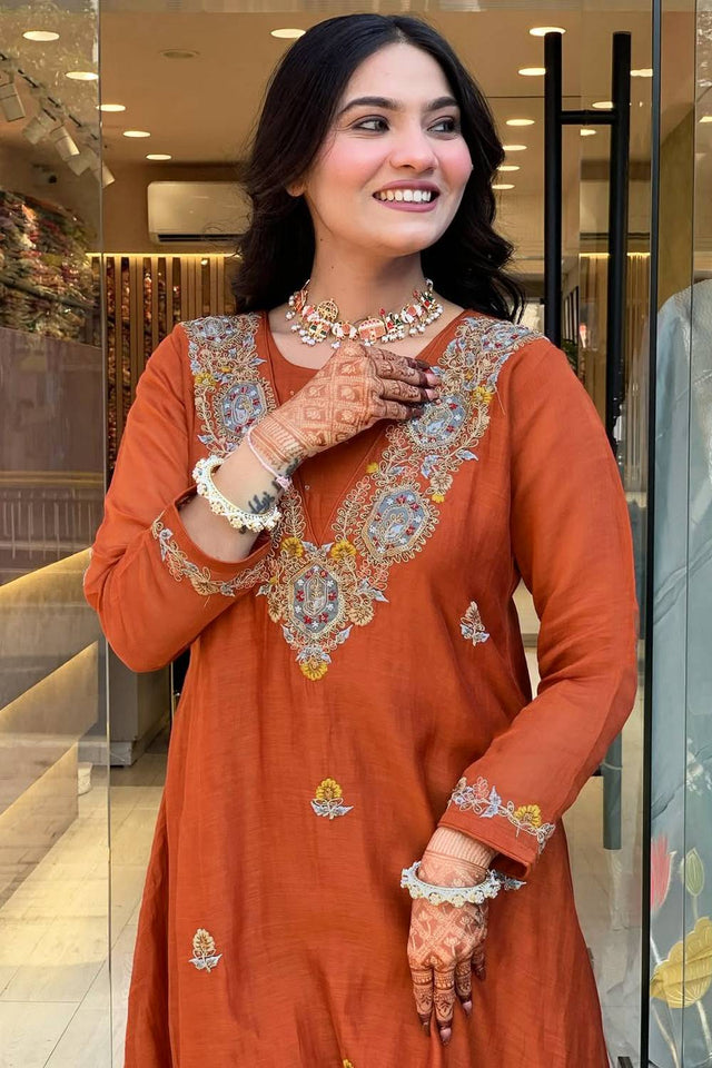 Orange Embroidered Silk Anarkali Suit Set