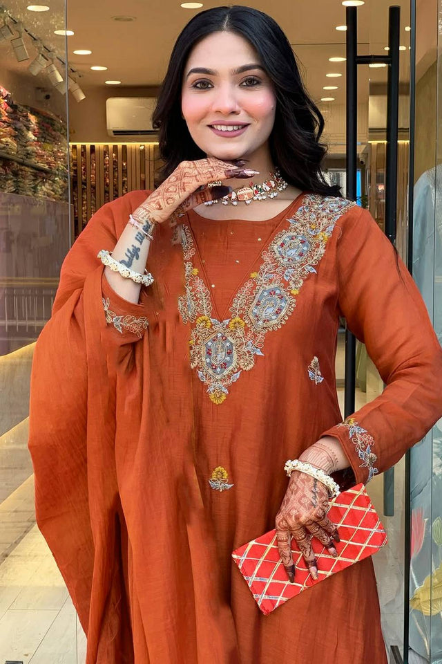 Orange Embroidered Silk Anarkali Suit Set