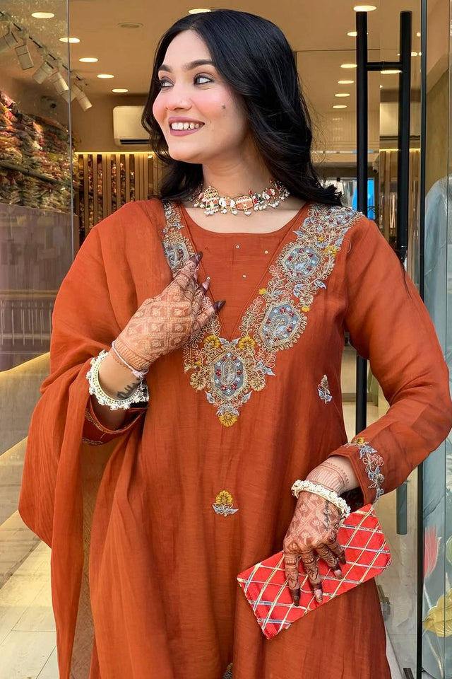 Orange Embroidered Silk Anarkali Suit Set