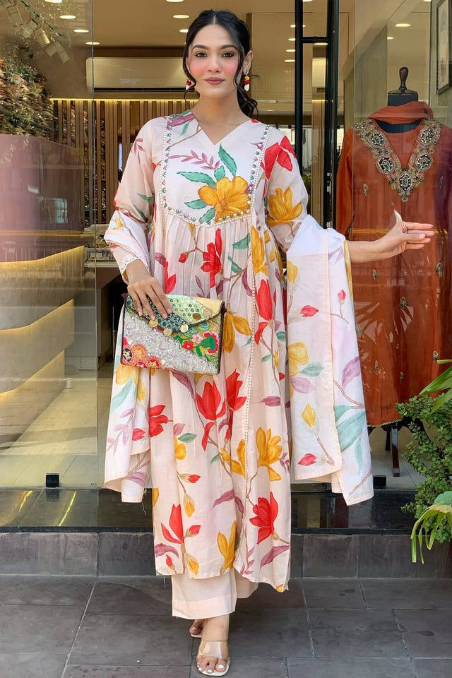 Multi-Color Floral Printed Cotton Anarkali Suit Set