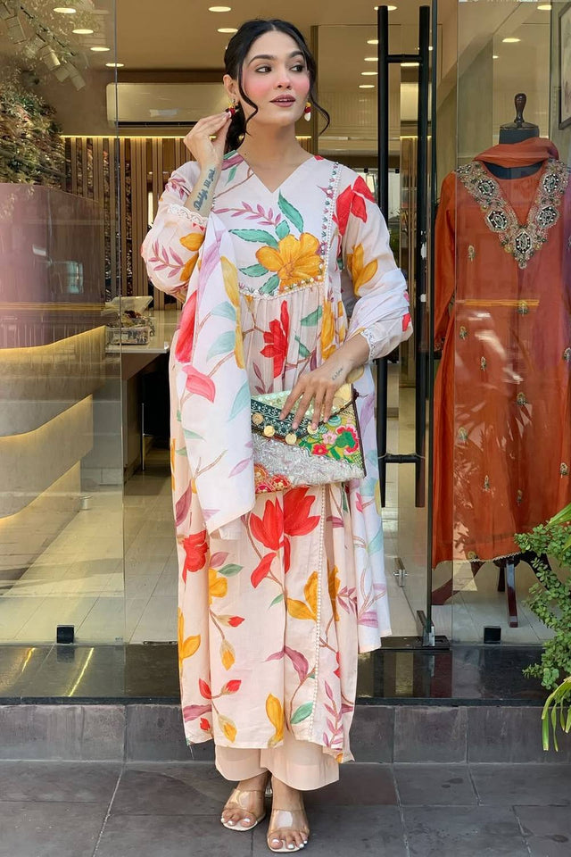 Multi-Color Floral Printed Cotton Anarkali Suit Set