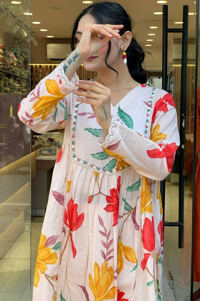 Multi-Color Floral Printed Cotton Anarkali Suit Set