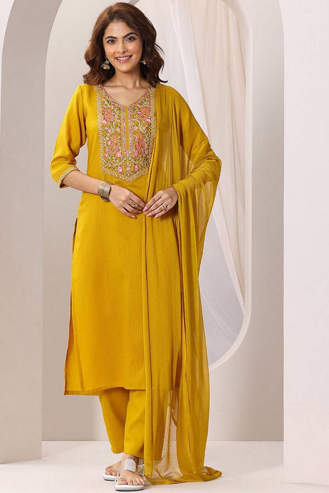 Mustard Floral Embroidered Rayon Kurti Pant Set
