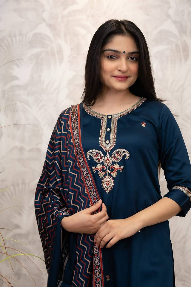 Turquoise Sequin with Embroidered Chanderi Kurti Pant Set