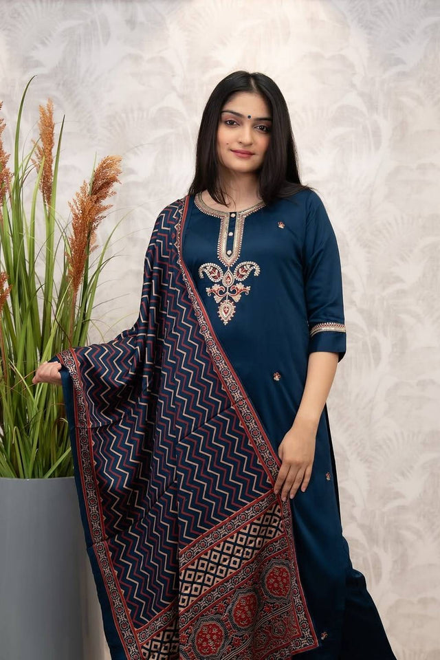 Turquoise Sequin with Embroidered Chanderi Kurti Pant Set