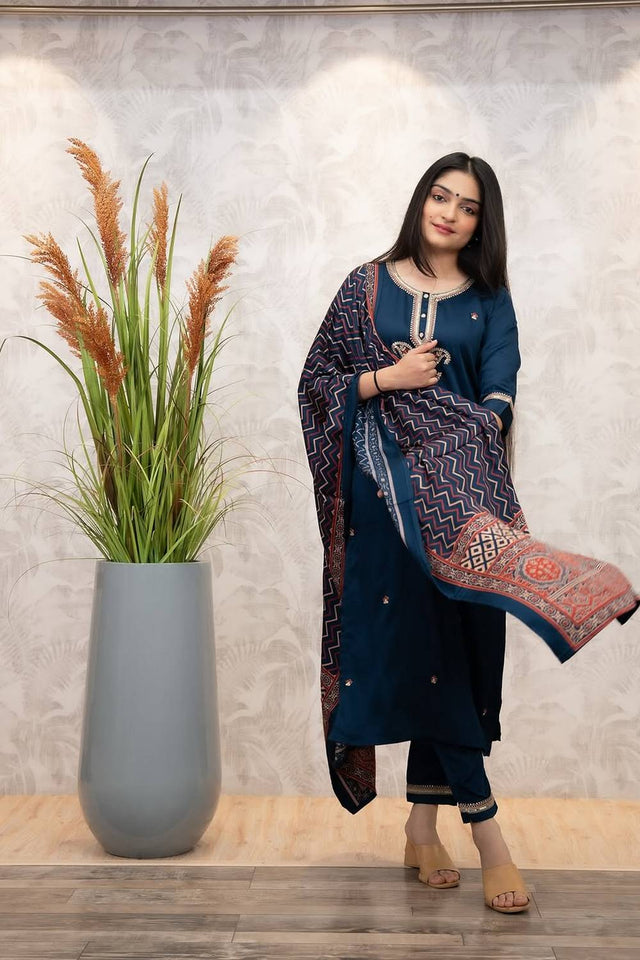 Turquoise Sequin with Embroidered Chanderi Kurti Pant Set