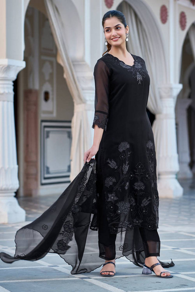 Black Sequin with Embroidered Georgette Kurti Pant Set