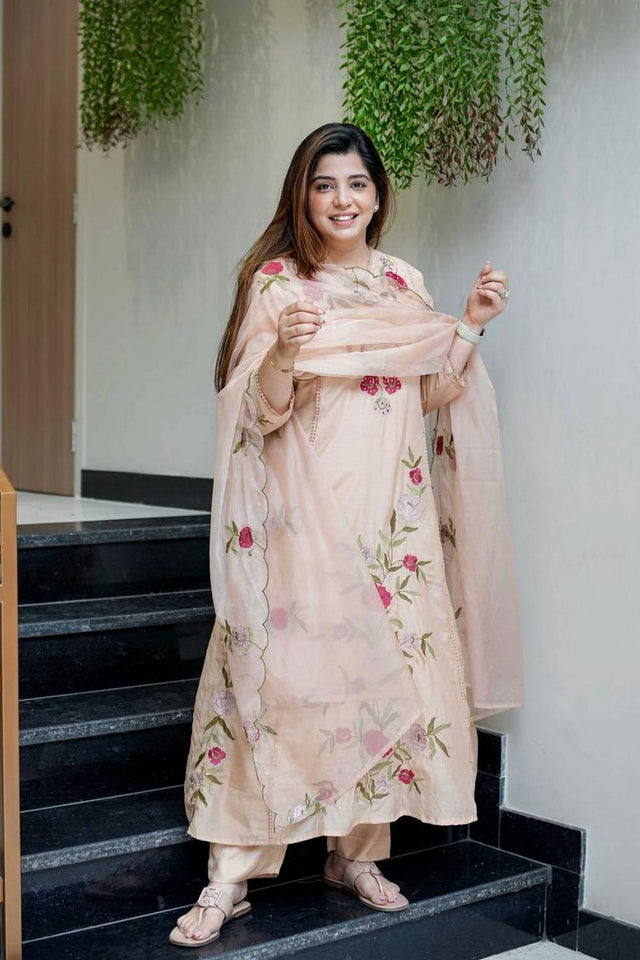 Beige Floral Embroidered Silk Anarkali Suit Set