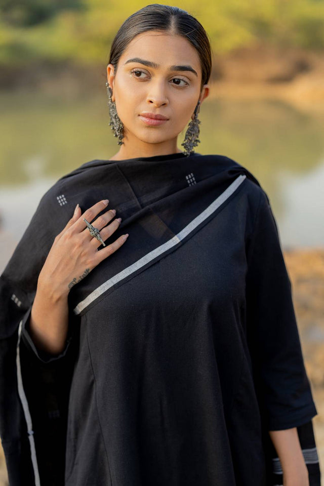 Black Solid Chanderi Kurti Pant Set