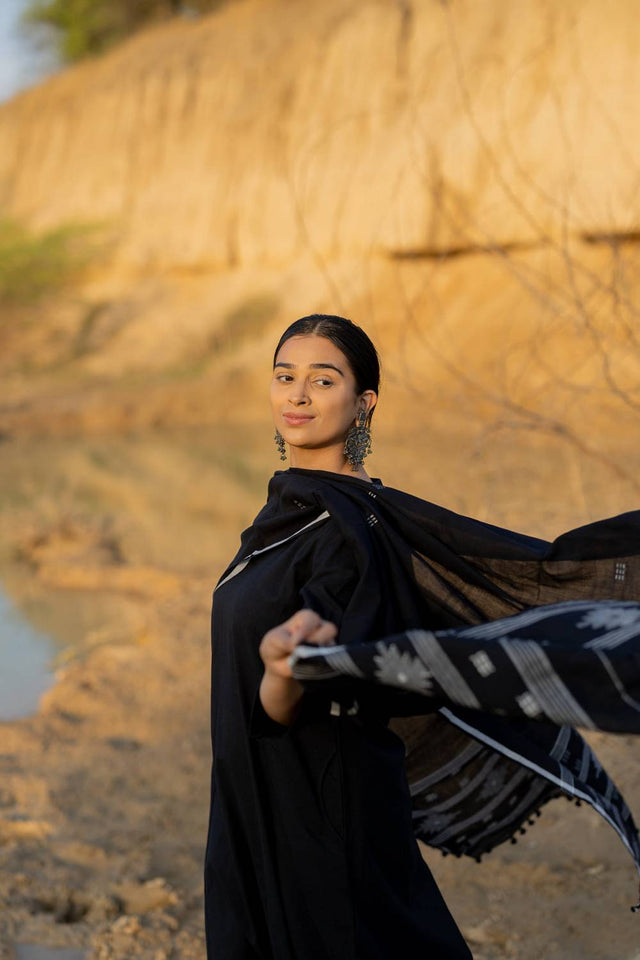 Black Solid Chanderi Kurti Pant Set