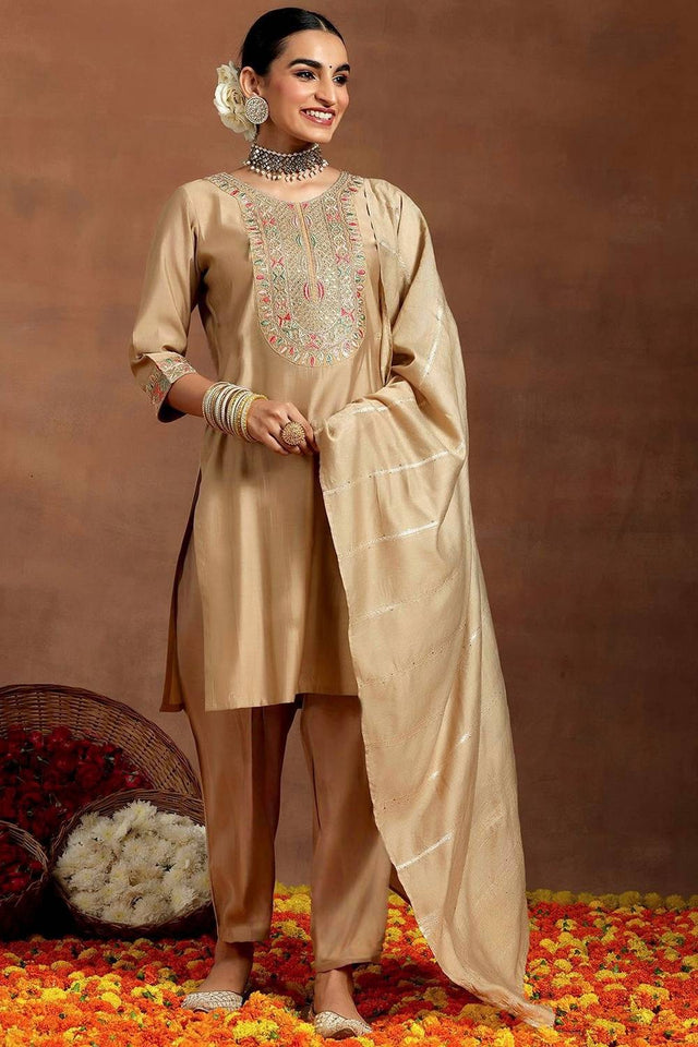 Cream Embroidered Chanderi Straight Cut Suit Set