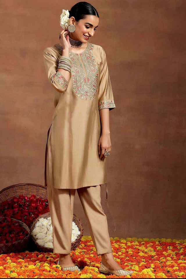 Cream Embroidered Chanderi Straight Cut Suit Set