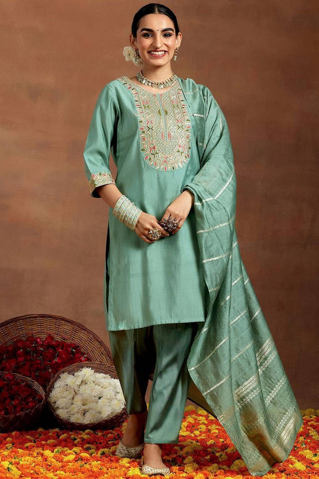Green Embroidered Chanderi Straight Cut Suit Set