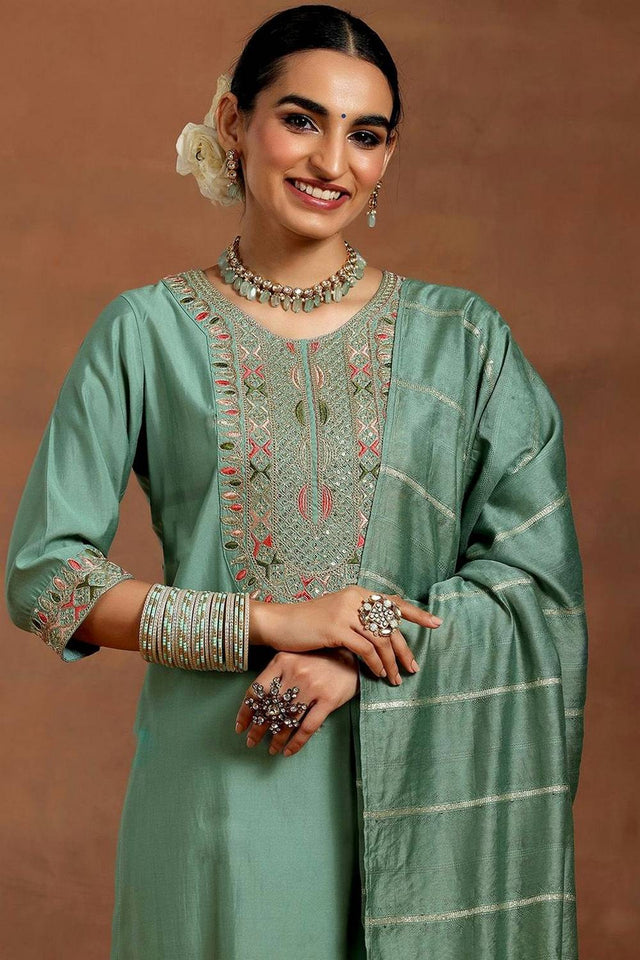 Green Embroidered Chanderi Straight Cut Suit Set