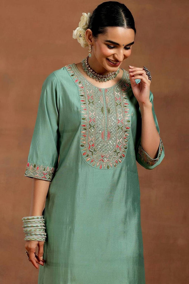 Green Embroidered Chanderi Straight Cut Suit Set
