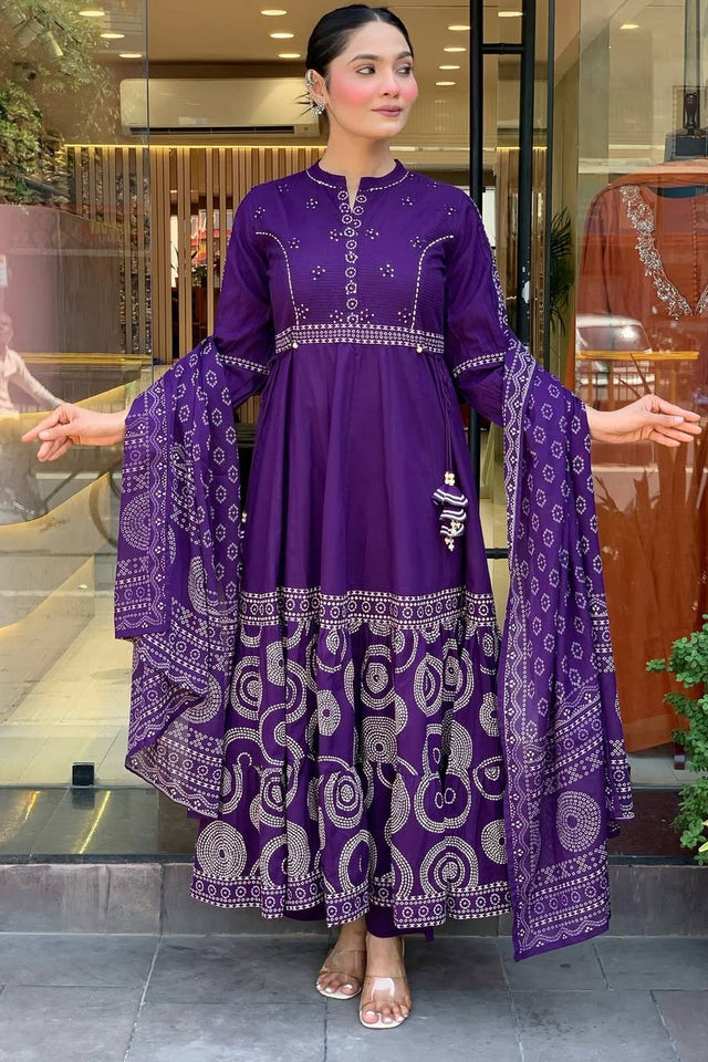 Violet Bandhani Printed Muslin Anarkali Suit Set