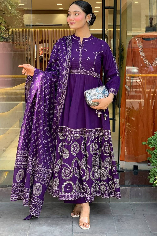 Violet Bandhani Printed Muslin Anarkali Suit Set