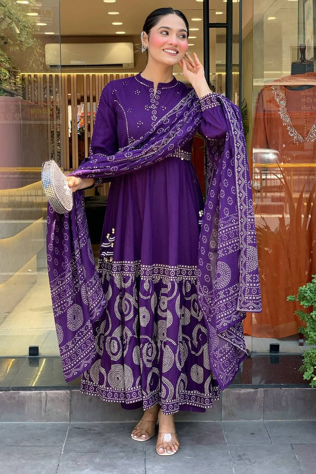 Violet Bandhani Printed Muslin Anarkali Suit Set