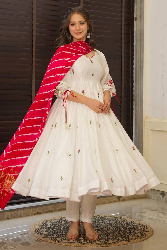 White Floral Embroidered Chanderi Anarkali Suit Set