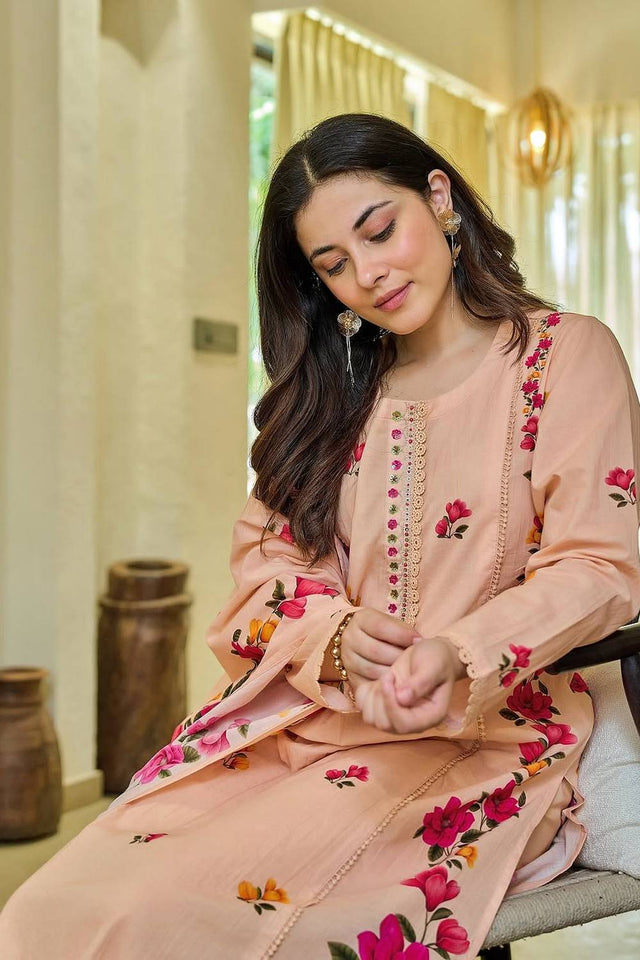 Peach Floral Printed Chanderi Kurti Pant Set