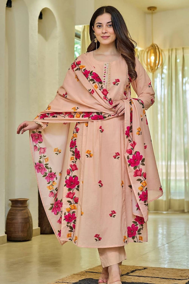 Peach Floral Printed Chanderi Kurti Pant Set